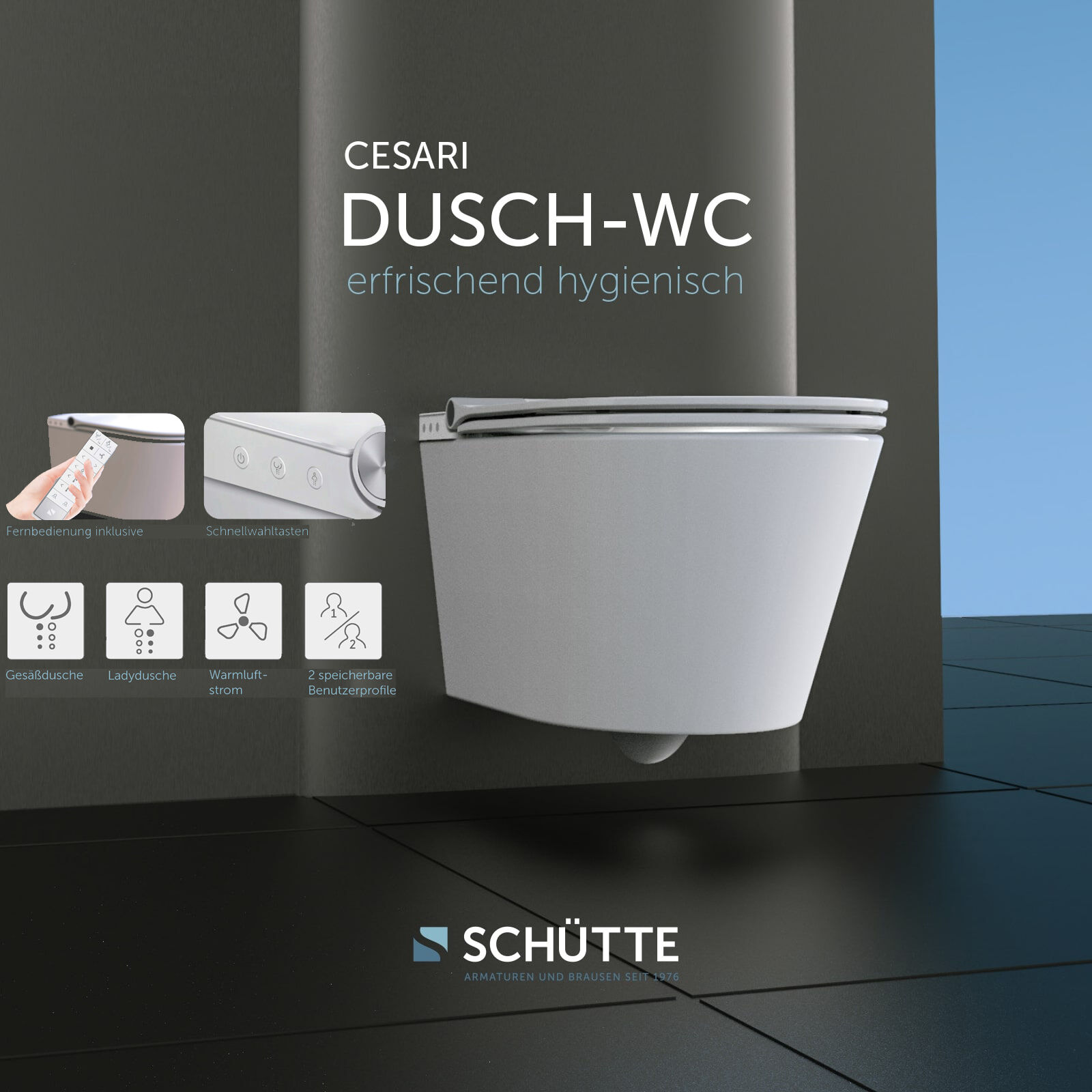 Schütte CESARI Dusch WC, spülrandlos, mit Slim WC-Sitz | BadeDu
