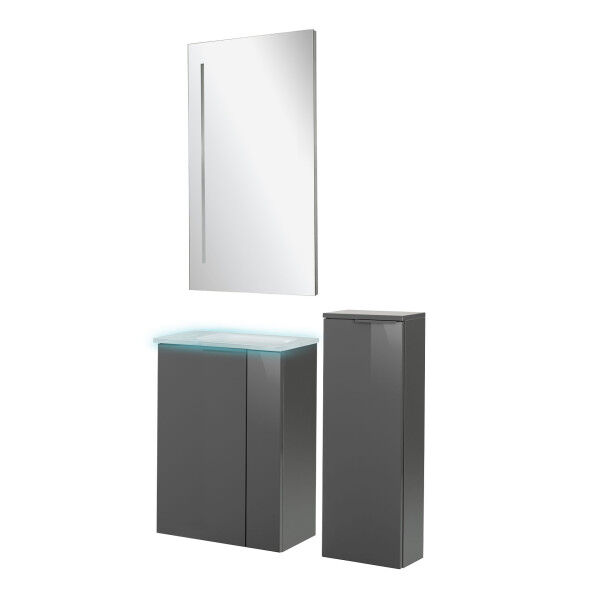 Fackelmann SBC LUNA Gäste WC Set 5-teilig 45 cm, Anthrazit, Glas Weiß beleuchtet+Spiegel+Midischrank
