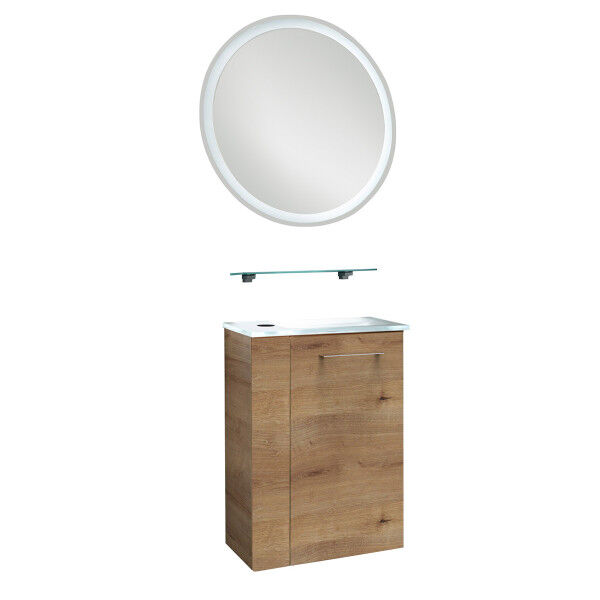 Fackelmann SBC MILANO Gäste WC Set 4-teilig 45 cm, Braun hell, rechts, Glas Weiß, LED-Spiegel+Ablage