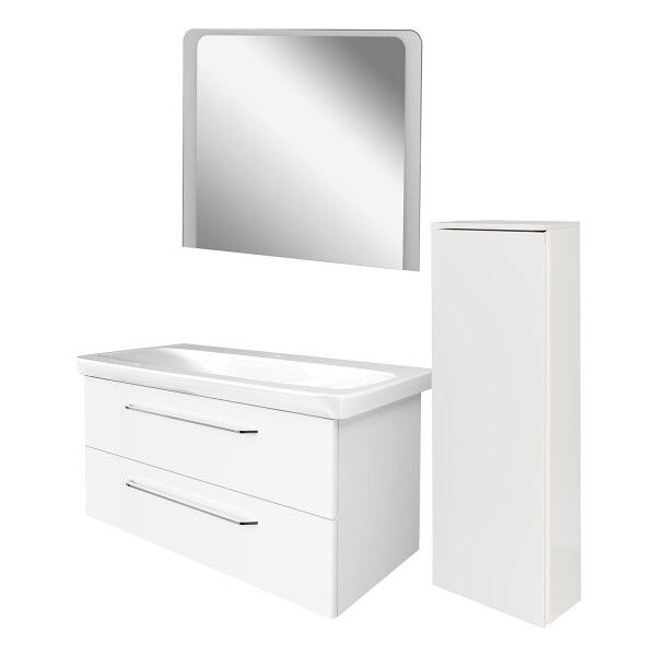 Fackelmann MILANO Badmöbel Set 4-teilig, 100 cm, Weiß, Keramik, LED-Spiegel + Kofferschrank rechts