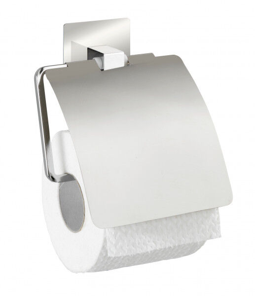 WENKO Turbo-Loc® Edelstahl Toilettenpapierhalter mit Deckel Quadro, rostfrei, Befestigen ohne bohren
