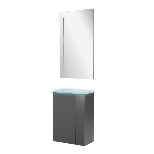Fackelmann SBC LUNA Gäste WC Set 4-teilig 45 cm, Anthrazit, Glas Weiß beleuchtet + LED Spiegel