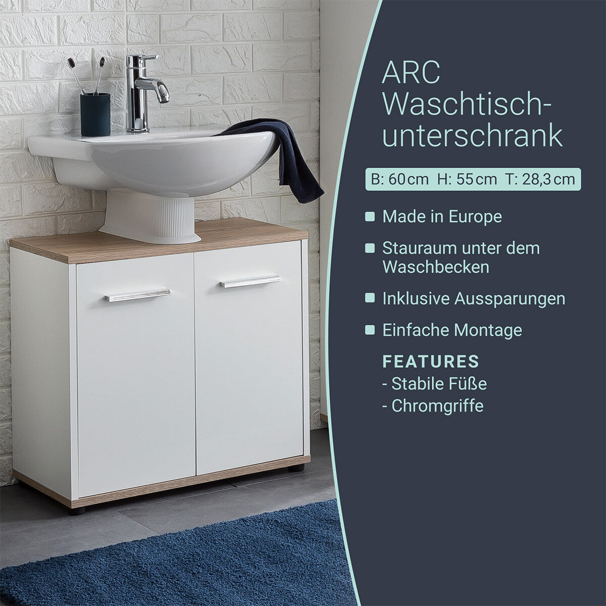 Verkaufsgespräch BadeDu Arc Waschbeckenunterschrank, Weiß/Braun | BadeDu