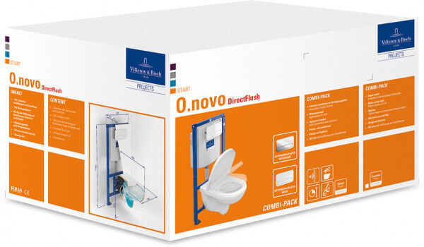 Villeroy &amp; Boch O.NOVO Combi-Pack Tiefspül-WC, WC-Sitz, Vorwandelement+Betätigungsplatte, Weiß/Chrom