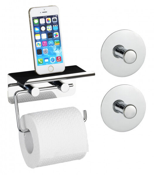 WENKO Toilettenpapierhalter mit Smartphone Ablage und 2 Turbo-Loc® Haken, 3-teiliges Set
